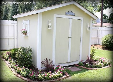 Storage Shed Makeover, Painted Shed, Shed Landscaping, Shed Makeover, Backyard Storage Sheds, Shed Decor, Love Of Family, Diy Shutters, Backyard Storage