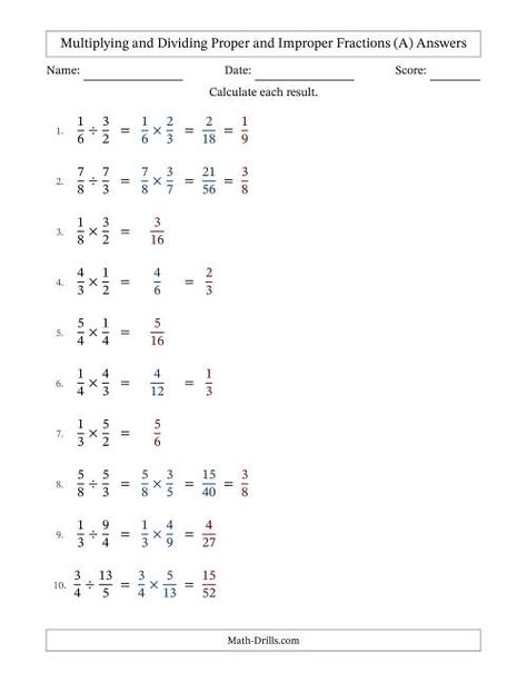 The Multiplying and Dividing Proper and Improper Fractions with Some Simplifying (Fillable) (A) math worksheet page 2 Dividing Fractions Worksheets, Multiplying Fractions Worksheets, Multiplying And Dividing Fractions, Dividing Fractions, Math Drills, Multiplying Fractions, Improper Fractions, Division Worksheets, School Break