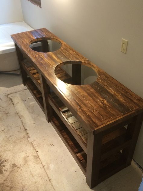 Rustic double vanity stained and coated Diy Dual Sink Bathroom Vanity, Bathroom Vanity Diy, Vessel Sinks Bathroom, Vanity Diy, Bathroom Vanity Decor, Sinks Bathroom, Diy Bathroom Vanity, Diy Vanity, Wooden Bathroom