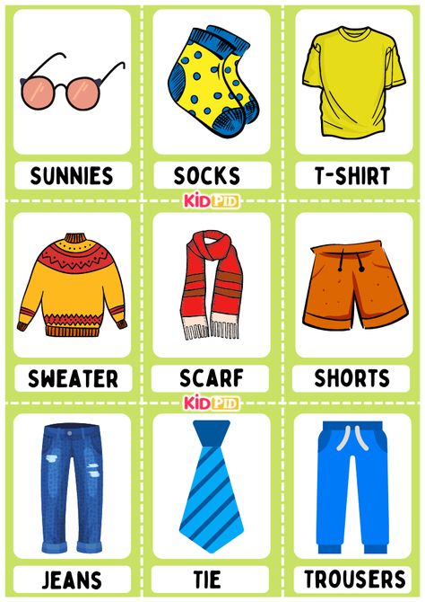 Clothes We Wear Flashcard Sheets Clothes Flashcards, Different Types Of Clothes, Display Boards For School, Types Of Clothes, English Clothes, Toddler Curriculum, 3rd Grade Math Worksheets, Sticker Organization, Alphabet Pictures