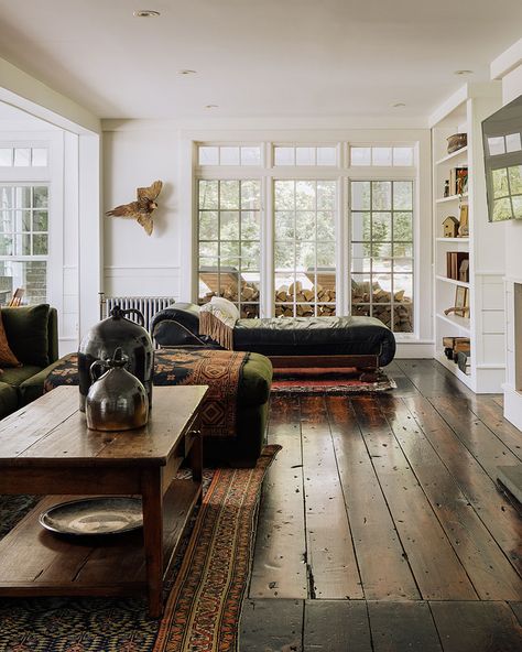 Historic New England, Timber Beams, Steel Columns, Wide Plank Flooring, New England Style, Floor To Ceiling Windows, Farmhouse Living, A Living Room, Great Rooms