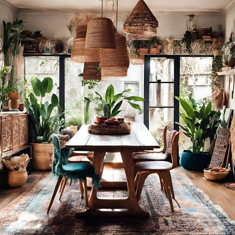 Bohemian dining room 🤩 Contemporary Boho Dining Room, Bohemian Style Dining Room, Dining Room Boho, Bohemian Dining Room, Boho Dining Room, Large Dining Room, Bohemian Design, Urban Jungle, Bohemian Style