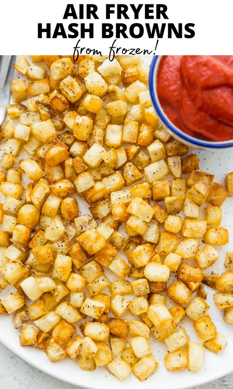 These air fryer hash browns are the best! They're cooked from frozen and so easy to make. These diced potatoes are so crispy and so delicious! Frozen Hashbrowns, Frozen Potatoes, Hashbrown Recipes, Air Fryer Oven Recipes, Diced Potatoes, Air Fryer Dinner Recipes, Hash Brown, Hash Browns, Air Fryer Recipes Easy