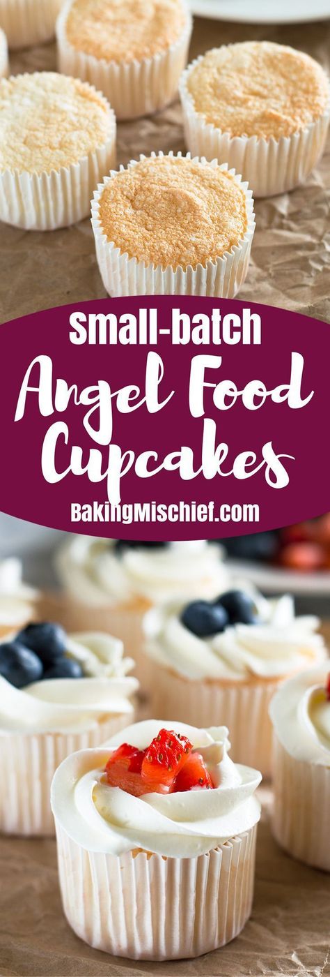 Angel Food Cake Icing, Small Recipes, Angel Food Cupcakes, Angel Food Cake Desserts, Light Dessert, Food Cupcakes, Smaller Portions, Small Batch Baking, Muffin Cupcake