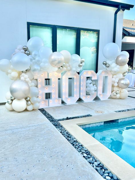 Balloon Garland With Marquee Letters, Hoco Ballon Arch, Homecoming Balloon Arch Ideas, Marque Letters With Balloons, Grad Letters With Balloons, Grad Marquee Letters With Balloons, Marquee Letters With Balloons, Letters With Balloons, Letters Decoration Ideas