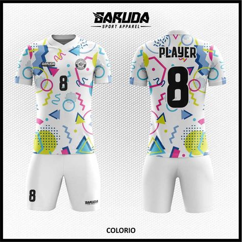 Desain Kaos Futsal Full Print Colorio Warna Putih Yang Trendy Jersey Futsal Printing Design, Soccer Uniforms Design, Sports Uniform Design, Baseball Jacket Outfit, Jersey Futsal, Football Shirt Designs, Sports Wear Fashion, Sport Shirt Design, Design Jersey