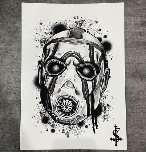 Borderlands Tattoo Design, Borderlands Symbol, Black And White Horror Tattoos, Borderlands Physco, Borderlands Cross Stitch, Borderlands Tattoo, Borderlands Art, Framed Tattoo, Mask Tattoo