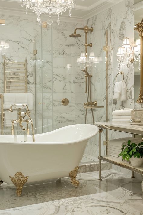 Step into Luxury: Elegant Vintage Bathroom Design with Clawfoot Tub & Gold Accents Gold Bathroom Accents, Modern Bathroom Tiles Design Ideas, French Bathrooms, French Provincial Bathroom, Modern Bathroom Tiles, Bathroom Tiles Design, Parisian Bathroom, Bathroom Tiles Design Ideas, European Bathroom