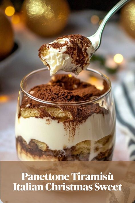 Layers of panettone and mascarpone cream, a unique Italian Christmas dessert twist. Panettone Dessert Ideas, Pannetone Recipe Desserts, Panettone Tiramisu, Christmas Trifles, Italian Christmas Desserts, Tiramisu Trifle, Italian Panettone, Festive Bread, Traditional Holiday Recipes