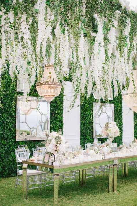 Mirrored accents and hanging hydrangea bring a glamorous touch to this garden wedding. #themedwedding #gardenwedding #hangingflowers Reception Head Table, Wedding Reception Backdrop, Floral Wedding Decorations, Rustic Wedding Decorations, Outdoor Wedding Reception, Greek Wedding, Whimsical Wedding, Wedding Destination, Wedding Reception Decorations