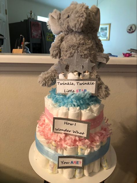 Twinkle Little Star Gender Reveal Diaper Cake Gender Reveal Diaper Cake, Cake Gender Reveal, Star Gender Reveal, Star Gender, Simple Gender Reveal, Diaper Cakes, Baby Cards, Gender Reveal, Twinkle Twinkle