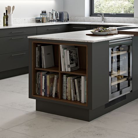 Kitchen Island With Booth Seating, Island With Open Shelving, Kitchen Wine Fridge, Grey Kitchen Island, Kitchen Island Bench, Dark Grey Kitchen, Barn Kitchen, Rustic Kitchen Island, Wood Island