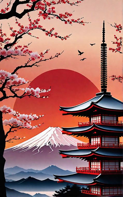 Cultural Landmarks In Japan Painting, Japanese Zen Art, Painting On Walls, Japan Graphic Design, Mural Art Design, Sakura Art, Japan Landscape, Japan Painting, Mont Fuji