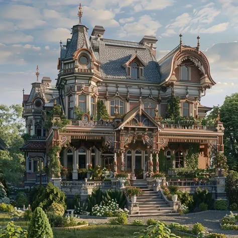 Victorian Era House Exterior, Mini Mansions Homes, Magical Mansion, Old Victorian Mansions, 5 Story House, Cottage Mansion, Miami Mansion, Castle House Design, Modern Wooden House