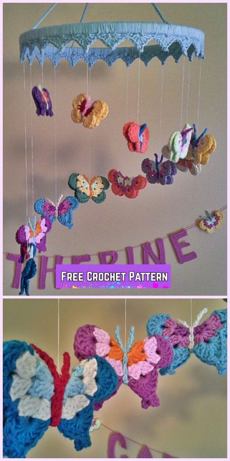 Crochet Butterfly Mobile Free Pattern Crochet Baby Mobiles, Boy Mobile, Woodland Mobile, Crochet Butterfly Pattern, Baby Boy Mobile, Butterfly Mobile, Crochet Mobile, Crochet Mandala Pattern