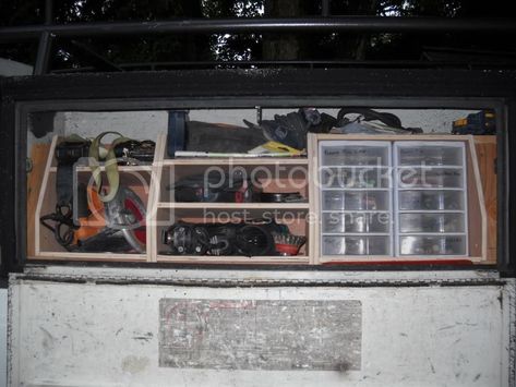 Pick up truck organization. | Page 2 | Contractor Talk - Professional Construction and Remodeling Forum 5x8 Trailer, Work Truck Storage, Build Shelves, Things To Build, Truck Organization, Truck Toppers, Truck Bed Storage, Cap Organizer, Truck Storage