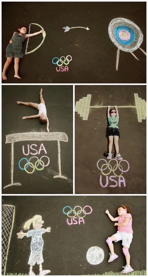 Easy Rio Olympics Crafts: sidewalk chalk art at Burgh Baby                                                                                                                                                                                 More Summer Olympics Crafts, Preschool Olympics, Rio Party, Olympic Games For Kids, Olympic Idea, Kids Olympics, Olympic Crafts, Olympics Activities, Olympic Theme