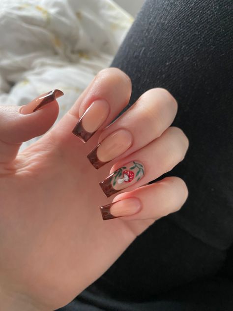 Fall Nail Designs Aesthetic, Square Mushroom Nails, Cottage Core Acrylic Nails, Brown Mushroom Nails, Nails With Mushrooms, Autunum Nails, Coffin Fall Nails Designs, Fall Mushroom Nails, Mushroom Acrylic Nails