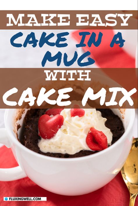 A closeup of chocolate easy cake in a mug with strawberries on top Mug Cake Microwave From Box Cake, Cake In A Mug Microwave With Box Cake, Cake In A Mug With Cake Mix Boxes, Cake In A Cup Recipe Microwave, Mug Cake From Box Cake, Cake Mix Mug Cake Microwave, Cake In A Mug Microwave 3 Ingredients, Mug Cake With Cake Mix Boxes, Easy Cake In A Mug