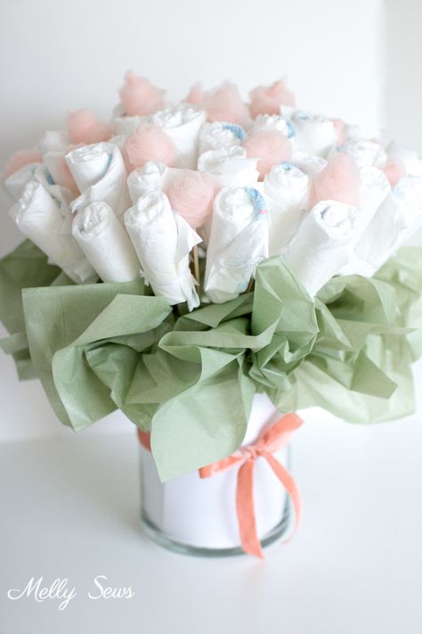 How to Make a Diaper Bouquet - Melly Sews Baby Shower Bouquet, Diaper Bouquet, Melly Sews, Baby Shower Crafts, Folding Origami, Baby Shower Diaper Cake, Diy Baby Shower Gifts, Baby Diaper Cake, Shower Bebe