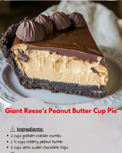 YummyGateway Recipes | Giant Reese’s Peanut Butter Cup Pie | Facebook Giant Reeses Peanut Butter Pie, Giant Peanut Butter Cup, Giant Reese’s Peanut Butter Cup Pie, Resses Dessert Recipes, Reese Pie, Reeses Pie, Reese Peanut Butter Pie, Berger Cookies, Peanut Butter Cup Pie