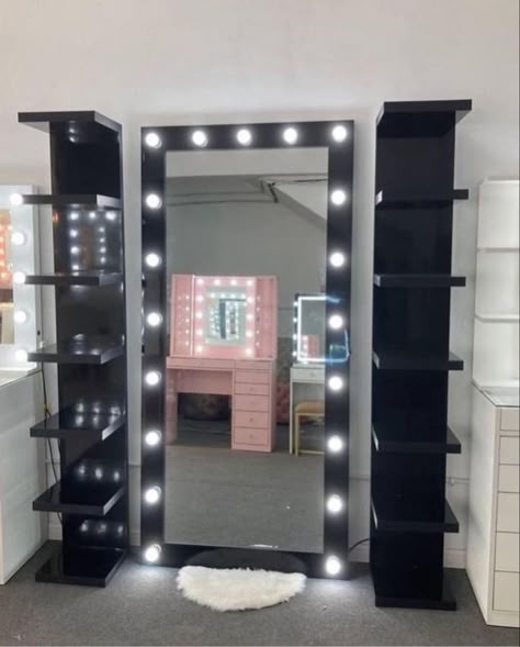 Room Decor Ideas Black And Gray, Black And White Makeup Room, Body Mirror With Shelves, Room Decor Ideas Black And White, Black Vanity Bedroom Ideas, Mirror Inspo Bedrooms, All Black Room Aesthetic, Room Ideas Black And White, Grey And Black Bedroom