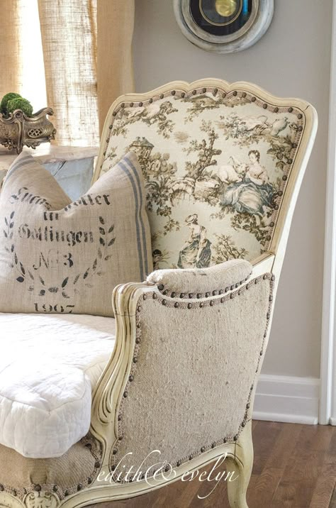 French Country Upholstered Chairs, Cottage Chairs English Country, Cottage Accent Chair, French Provincial Sofa Reupholstered, Home Decor French Country, Deconstructed Chair, Diy French Country Decor, French Country Rug, French Country Bedrooms