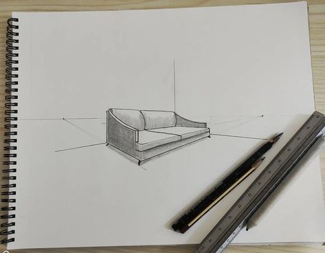 Furniture design | Learn 2 point perspective for age group 9-15 @cognut_schoolofart 2 Point Perspective Furniture, Table Sketch, 2 Point Perspective, Two Point Perspective, Product Sketches, 1 Point Perspective, Furniture Sketch, Point Perspective, Office Layout