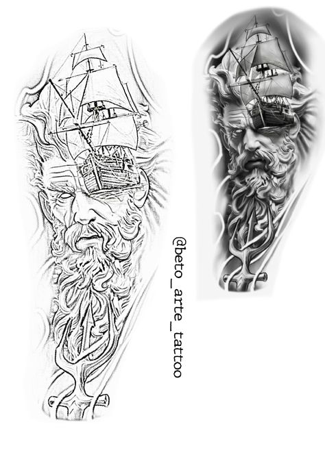 Poseidon Tattoo Design Greek Mythology, Posiden Tattoo Design, Pirate Sleeve Tattoo, Greek Style Tattoos, Poseidon Tattoo Design, Poseidon Tattoos, Poseidon Design, Underarm Tattoo, Poseidon Tattoo