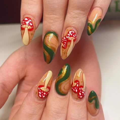 Mushroom Nails, Infinity Nails, Boho Nails, Hippie Nails, Cute Mushroom, Almond Acrylic Nails, Diy Beauty Hacks, Simple Nail Designs, Dream Nails