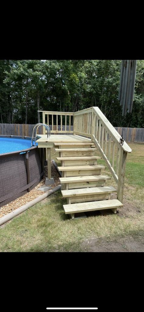 Above Ground Swimming Pools Group | Just finahed small deck , wondering what I can use to put on steps and part of the deck which goes to the edge of the pool to maybe sit on and and not... | Facebook Raised Pool Deck Ideas, Rectangle Above Ground Pool, Pool Stairs, Oval Above Ground Pools, Raised Pools, Above Ground Pool Steps, Decks Around Pools, Yard Oasis, Oval Pool