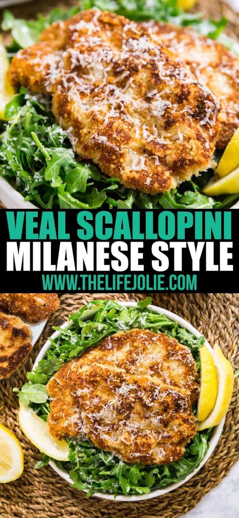 Veal Scallopini Milanese Style is a seriously easy weeknight dinner that's on the table in under 20 minutes. Made with veal cutlets, seasoned bread crumbs and Parmesan cheese, this is a light and nutritious dinner that's full of delicious flavor! via @thelifejolie Veal Scallopini Recipes, Veal Cutlet Recipes, Veal Chop Recipes, Milanese Style, Veal Parmesan, Veal Milanese, Seasoned Bread, Healthy Recipes Dinner, Menu Recipe