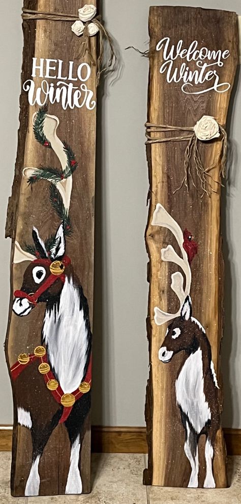 Reindeer Signs Wood, Reindeer Painting On Wood, Porch Leaners, Wood Reindeer, Wood Decorations, Children Crafts, Winter Decorating, Christmas Signs Wood, Hello Winter