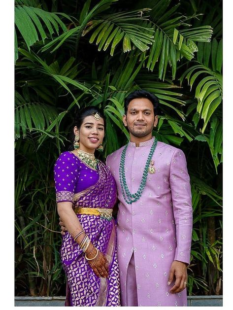 Reception Outfits, Dapper Grooms, Bride And Groom Outfits, Couple Matching Outfits, Couple Wedding Dress, Reception Look, Purple Saree, Wedding Dress Men, Couple Dress