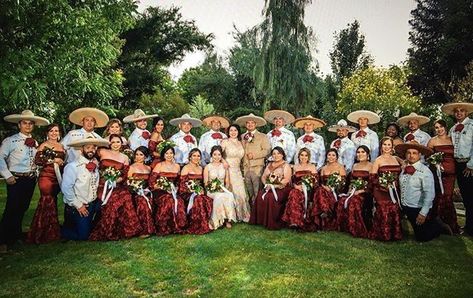 Bridesmaid Mexican Dresses, Red Mexican Wedding Theme, Charro Bridesmaid Dresses, Burgundy Mexican Wedding, Charro Groomsmen, Hacienda Wedding Dress, Modern Mexican Wedding Bridesmaids, Mexican Wedding Charro, Charro Wedding Groom