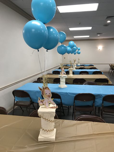 Hercules Centerpiece, Greek Baby Shower Theme, Baby Hercules Party, Hercules Baby Shower Theme, Greek Pillars, Baby Hercules, 1st Birthday Centerpieces, Laminating Machine, God Baby