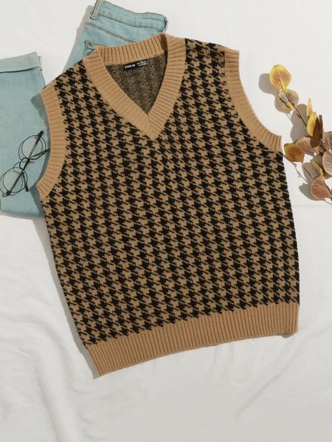 Houndstooth Vest Outfit, Houndstooth Vest, Pattern Sweater Vest, Cropped Sweater Vest, Autumn Sleeve, Sweater Vests, Knit Sweater Vest, Bra And Brief Sets, Sweater Vest Women