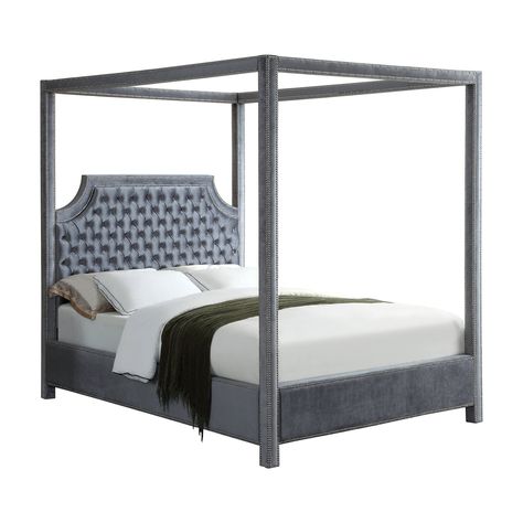 Meridian Furniture Inc Rowan Tufted Canopy Bed with Nailhead Trim Gray, Size: King King Size Canopy Bed, Grey Velvet Bed, Queen Size Canopy Bed, Scalloped Headboard, Canopy Bedroom Sets, Queen Canopy Bed, Bedroom Sanctuary, Canopy Bedroom, Velvet Upholstered Bed