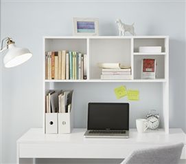 Desk Organization Shelves, White Desk With Bookshelf, Shelves On Top Of Desk, Dorm Desk Shelves, Top Of Desk Organization, Over Desk Shelves, Desk With Cube Storage, Desk Shelf Organization, Desk Top Storage