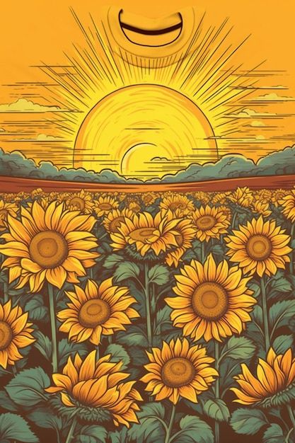 Sun And Sunflower Drawing, Field Of Sunflowers Drawing, Sunflower Art Ideas, Sunflower Field Illustration, Sun Flowers Drawing, Sunflower Field Drawing, Sun Flowers Aesthetic, Sunflower Illustration Art, Sun Art Aesthetic