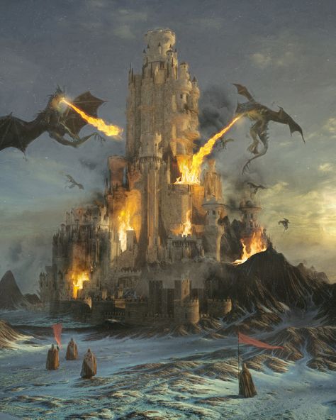 Dragon Castle Fantasy Art, House Of The Dragon Concept Art, Fantasy City, Fantasy Castle, Fantasy Story, Fantasy Setting, Fantasy Places, Dragon Artwork, Fantasy Art Landscapes