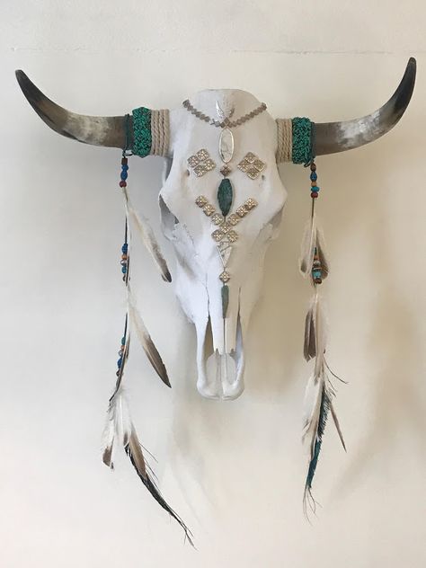 Monkey Wrench Mosaics:  Cow skull with turquoise, silver, beads and feathers Cow Skull Bedazzled, Longhorn Skull Decorating Ideas, Boho Cow Skull Decor, Cowhead Skull Decor, Beaded Cow Skulls, Cow Skull With Feathers, Cow Head Decor, Deer Skull Decor, Animal Skull Decor