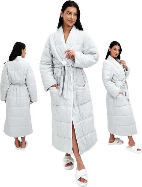 Quilted Duvet Robe - Luxury Jersey Cotton Bathrobe with Thick Double Filling - Floor Length, Heavyweight, Elegant, Hotel Spa Padded Dressing Gown - Bath Robes for Women - Gray - XS at Amazon Women’s Clothing store Quilted Bathrobe, Luxury Hotel Spa, Cotton Bathrobe, Robe For Women, Bath Robes For Women, Bath Robes, Elegant Hotel, Robes For Women, Quilted Duvet