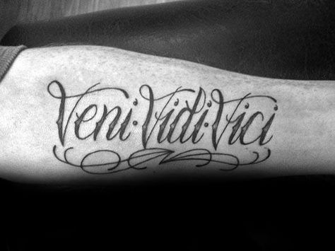 Latin Forearm Tattoo Men, Veni Vici Tattoo, Vendi Vidi Vici Tattoo, Veni Vidi Vici Tattoo Men Arm, Veni Vidi Vici Tattoo, Veni Video Vici Tattoo, Rib Tattoos Words, Bible Quote Tattoos, Rib Tattoo Quotes