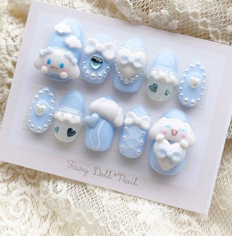 Blue Cinnamoroll Nails, Kawaii Blue Nails, Sanrio Nails Cinnamoroll, Cinamoroll Nail, Cinnamonroll Sanrio Nails, Cinnamon Roll Sanrio Nails, Kawaii Winter Nails, Cinnamoroll Nails Acrylic, Cinnamon Roll Nails Sanrio