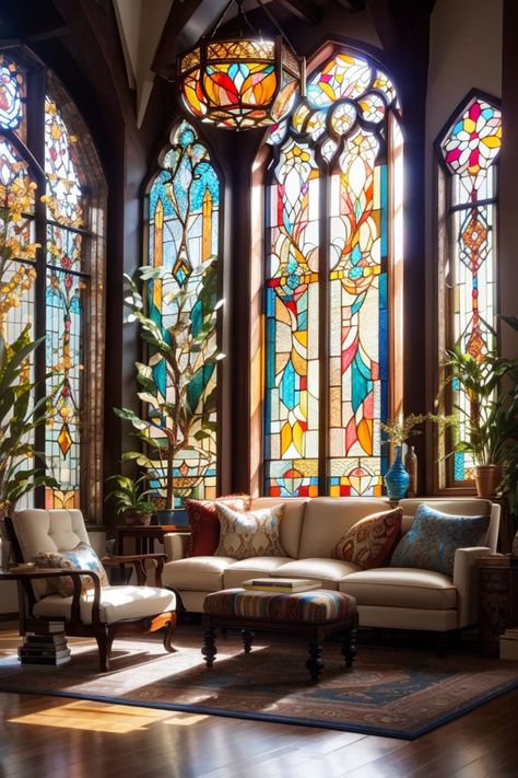 Step into a charming retreat that speaks the language of art and heritage through its stained glass panel decoration ideas. Evoking the splendor of Gothic cathedrals, the soaring windows boast vibrant stained glass panels adorned with floral and geometric patterns. The light that pierces through illuminates the room with a radiant tapestry. The furnishings take cues from the panels’ colors, exhibiting plush fabrics and classic silhouettes Stained Glass Bay Windows, Moroccan Stained Glass Window, Stained Glass Library, Stained Glass Windows Aesthetic, Art Deco Stained Glass Patterns, Stained Glass Room, Cathedral Decor, Geometric Stained Glass Patterns, Victorian Stained Glass Windows