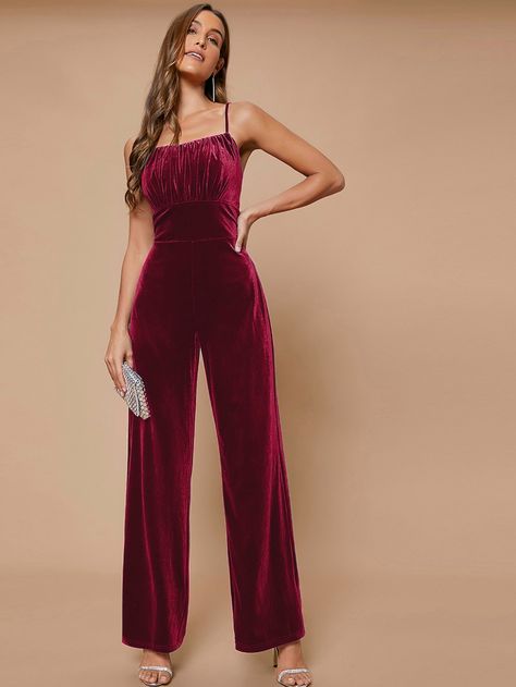 Burgundy Glamorous  Sleeveless Velvet Plain Cami  Slight Stretch All Women Jumpsuits & Bodysuits Graduation Jumpsuit Outfit, Purple Jumpsuit Outfit, Jumpsuit Outfit Wedding, Sparkly Jumpsuit, Purple Jumpsuit, Fancy Short Dresses, Velvet Cami, Cami Jumpsuit, Velvet Jumpsuit