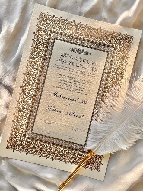 Nikkah Paper, Nikkah Pen, Nikkah Certificate, Wedding Contract, Muslim Marriage, Feather Pen, Personalized Couple Gifts, Islamic Wedding, Gold Frames