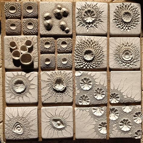 Clay Texture tiles-unknown artist Paperclay Ceramics, Nature Texture, Ceramic Tile Art, Stone Ceramic, Ceramic Texture, Handmade Ceramic Tiles, Cerámica Ideas, Unique Pottery, Sculptures Céramiques