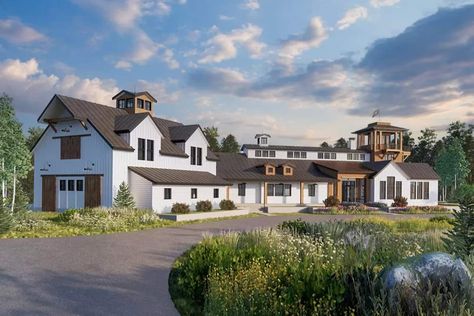 Front-left view with gable dormers and a covered entry porch. Farmhouse 6 Bedroom Floor Plans, 7 Bedroom House Plans Farmhouse, Large Family House Plans, Luxury Modern Farmhouse, Multigenerational House, Angled Garage, 6 Bedroom House Plans, Luxury Floor Plans, Buying House